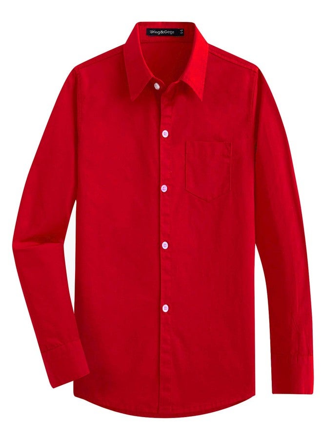 Spring&Gege Boys' Long Sleeve Woven Dress Shirt Formal School Uniform Button Down Shirt with Chest Pocket, Red, 9-10 Years - Image 1